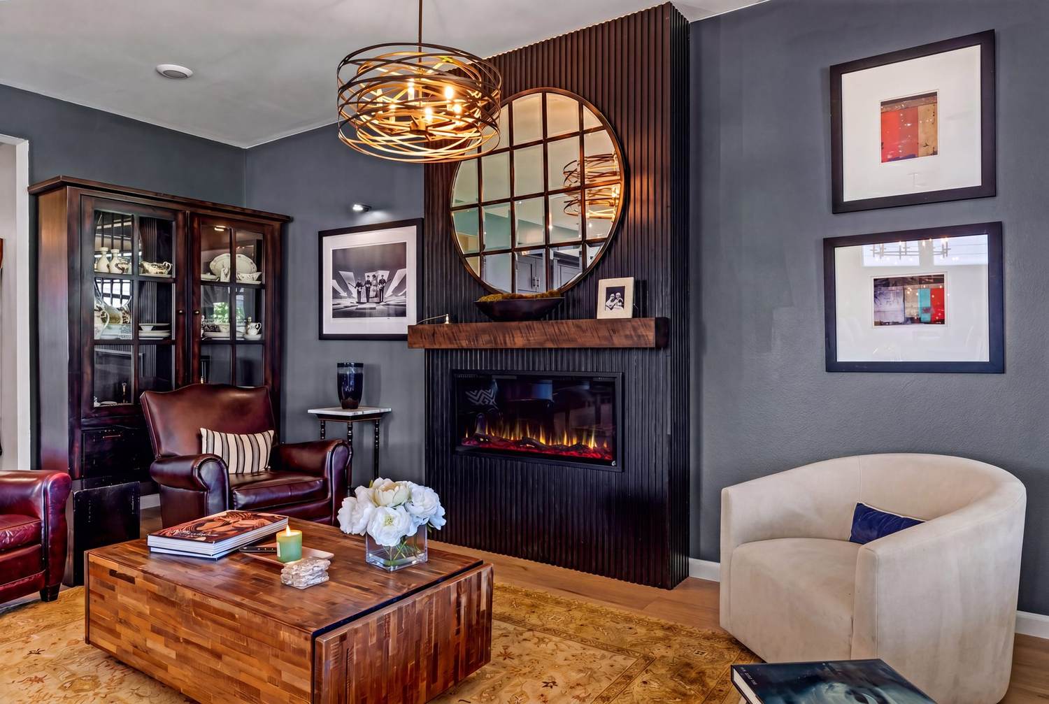 Custom electric fireplace with handcrafted mantle