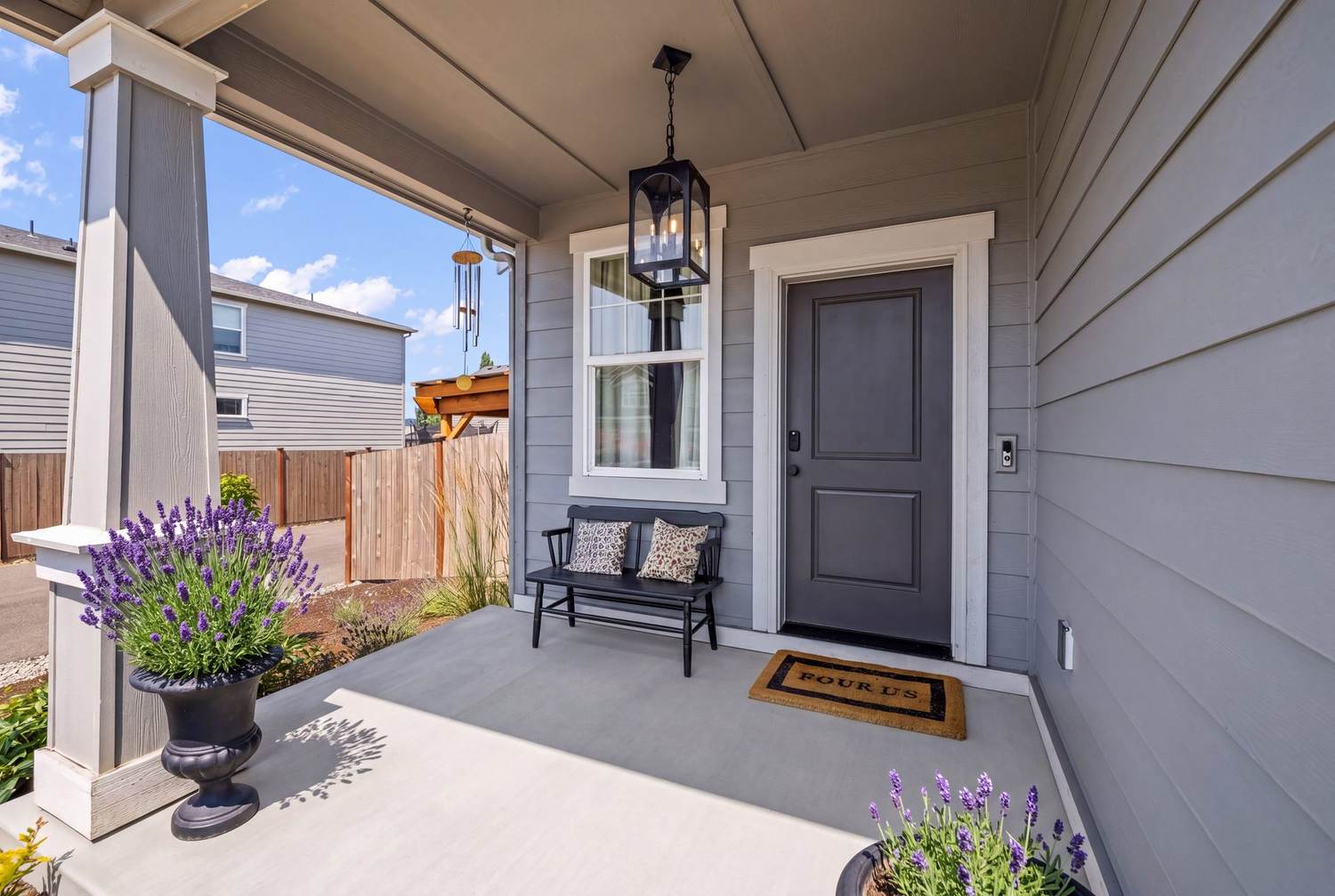 Covered front porch with bench seating