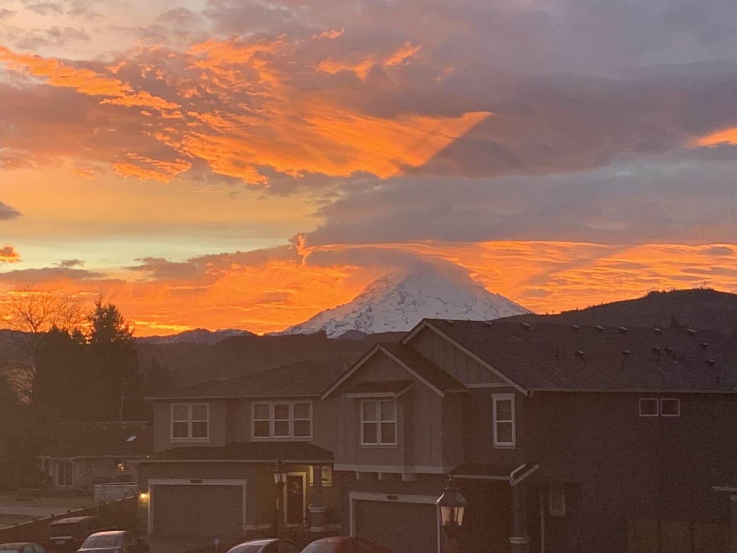Mount Rainier glowing at sunset over the neighborhood