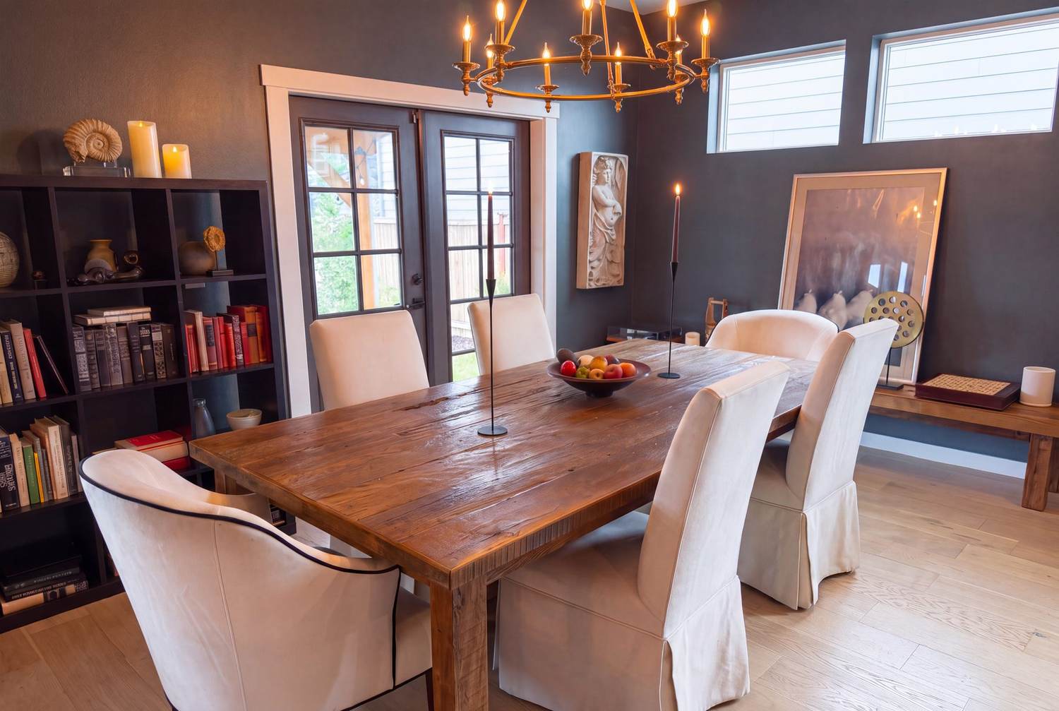 Dining room with French doors and chandelier