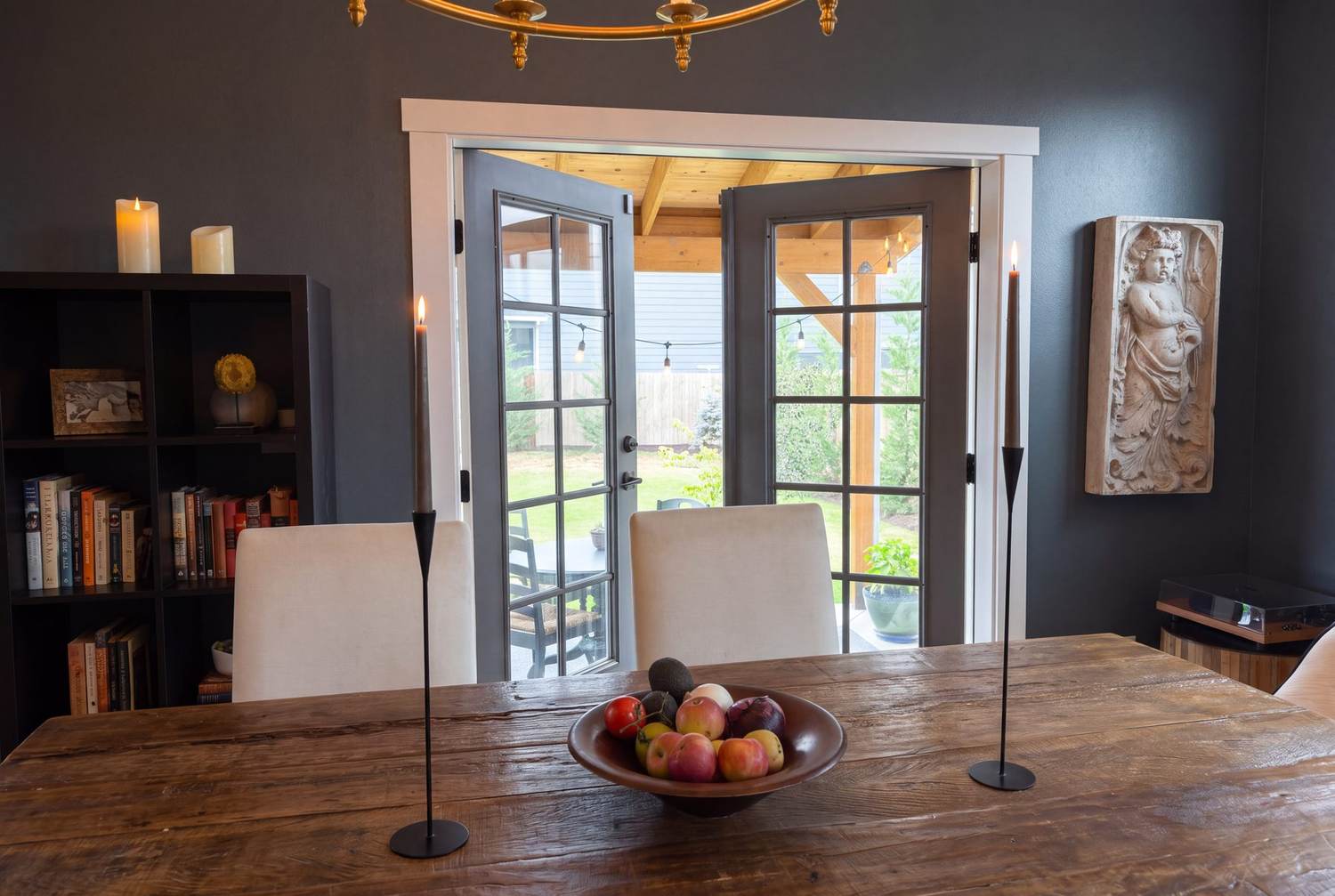 French doors opening from the dining room to the patio