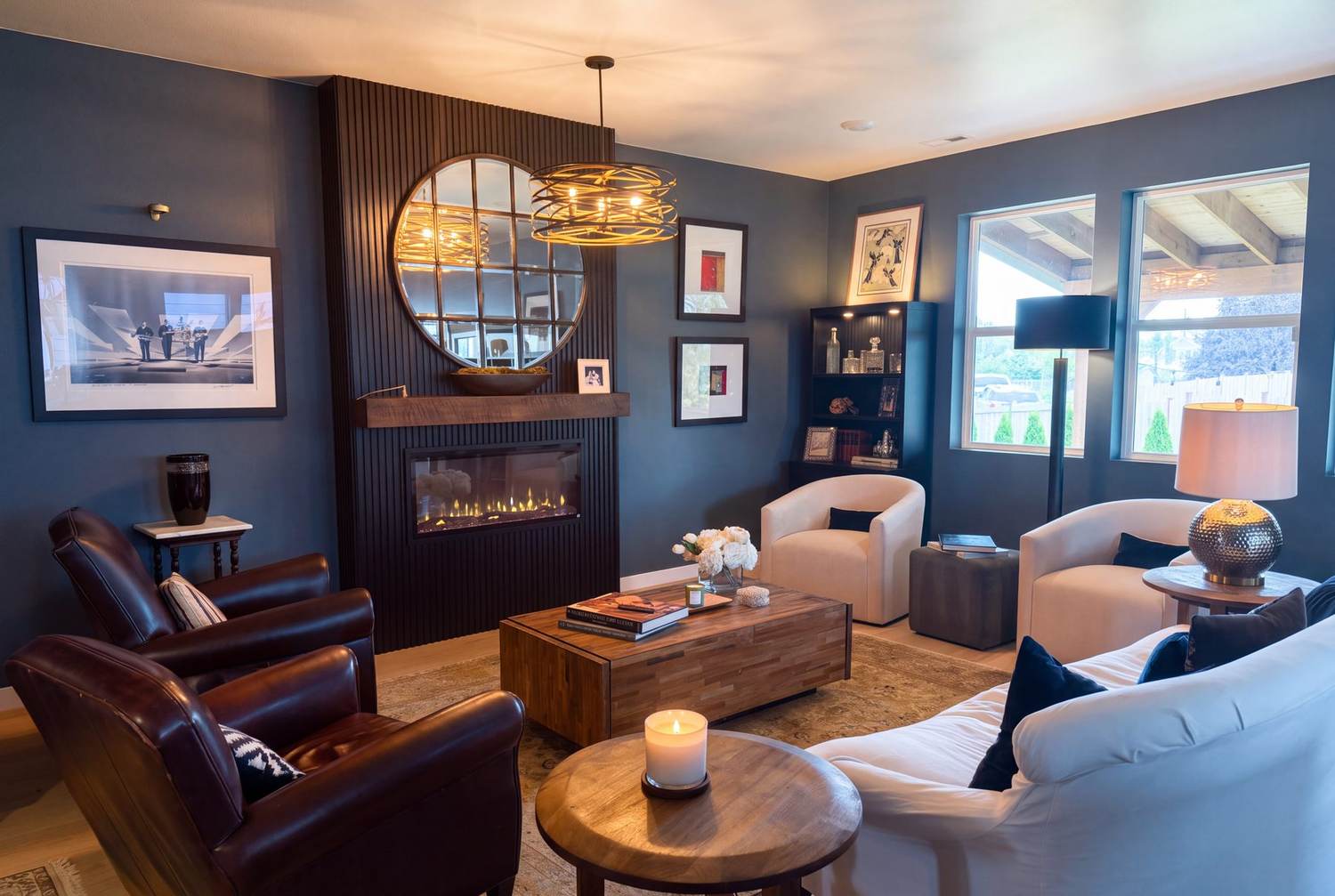 Great room with electric fireplace and feature wall