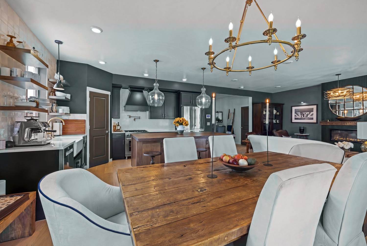 Open-concept dining and kitchen wide view